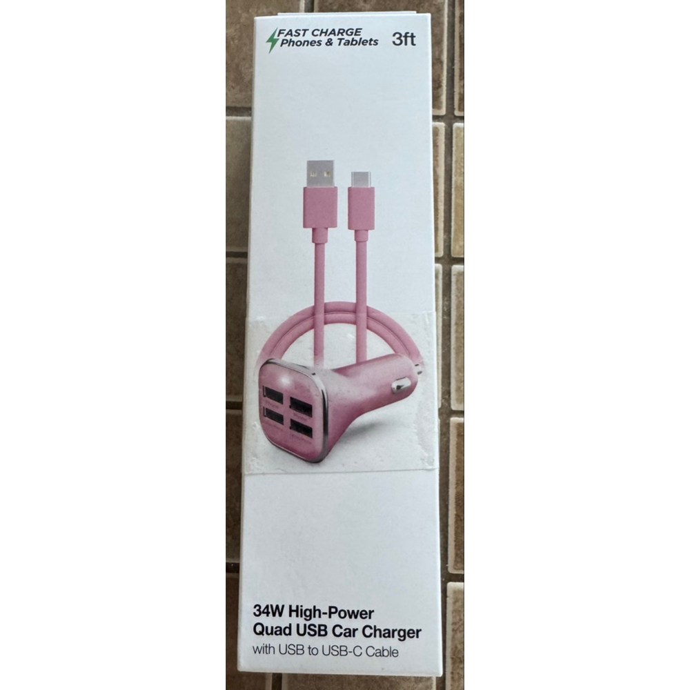Hypergear Pink Quad USB Car Charger with USB-C Cable, 3ft